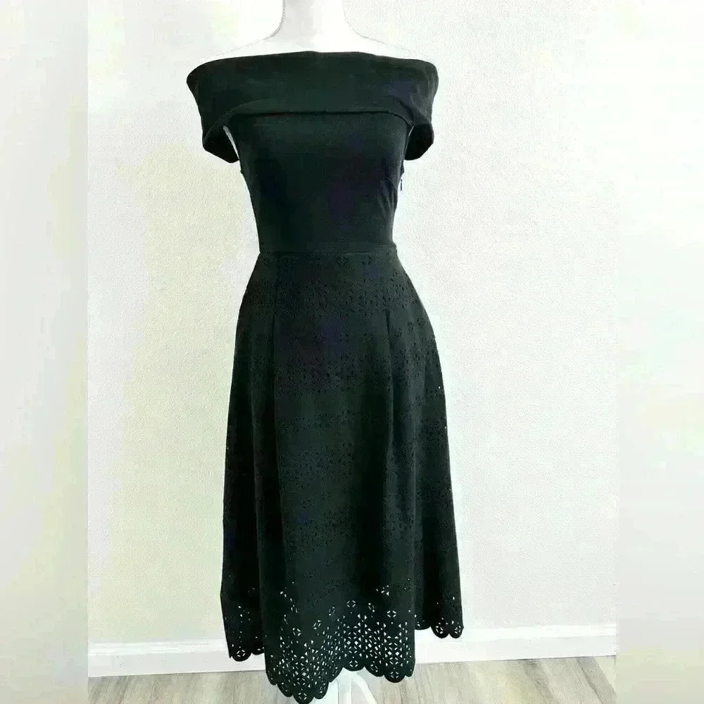 Banana Republic Black Off The Shoulder Midi Dress Size 2 Petite - Picture 2 of 12